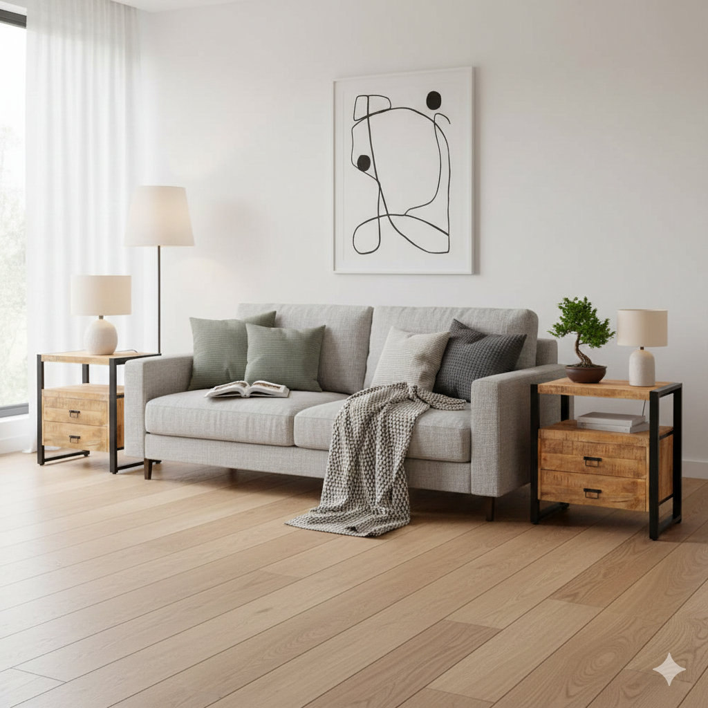 Een stijlvolle Japandi-woonkamer met een comfortabele grijze bank in het midden. Aan beide zijden van de bank staan twee "Britt ladekasten" van mangohout en zwart metaal. Op de ladekasten staan tafellampen en aan één kant een bonsaiboompje, aan de andere kant een open boek. De bank is gedecoreerd met groene en grijze kussens en een gedrapeerd gebreid plaid. Op de achtergrond is een abstract kunstwerk aan de witte muur te zien, en aan de linkerkant een raam met witte gordijnen. De vloer is van lichtgekleurd 