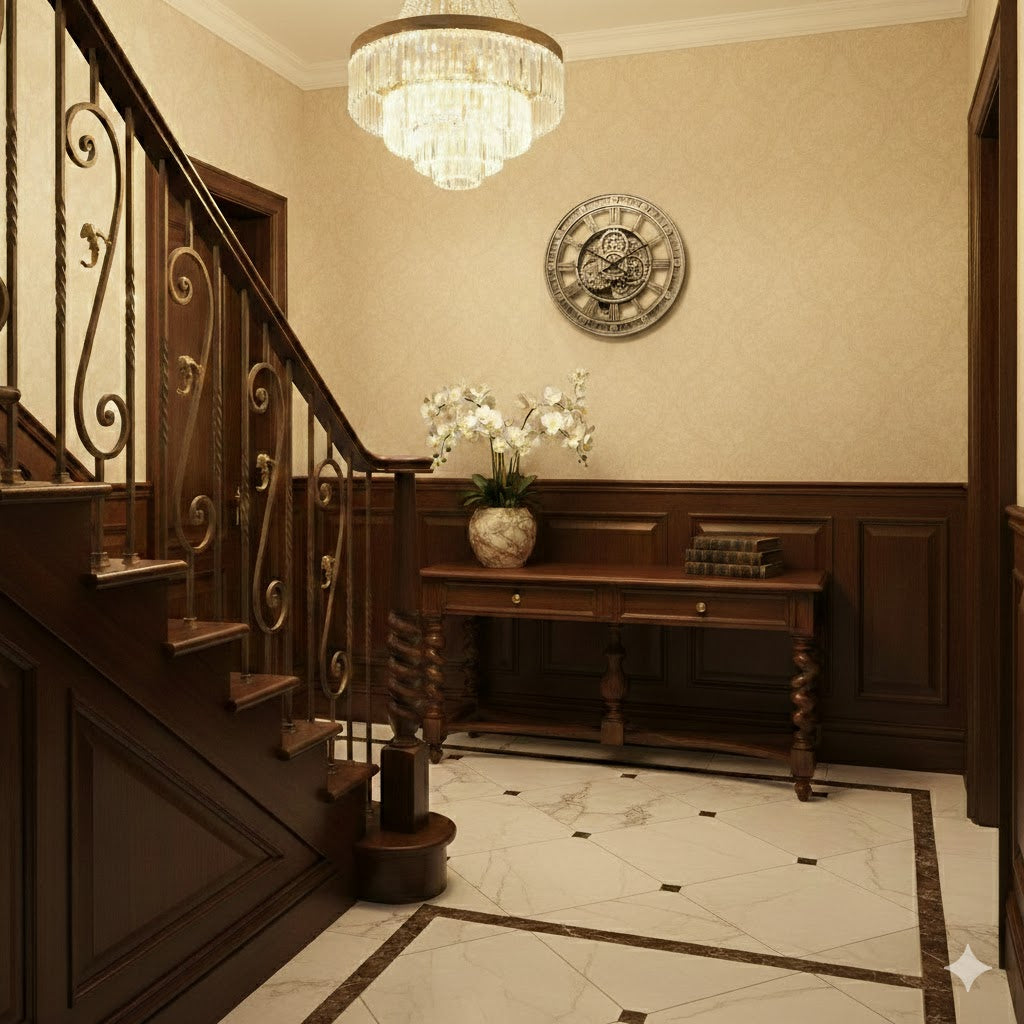 Luxe klassiek interieur van een hal met houten lambrisering en een kristallen kroonluchter waar de industriële radarklok Nora van 46cm stijlvol aan de wand hangt rimisa