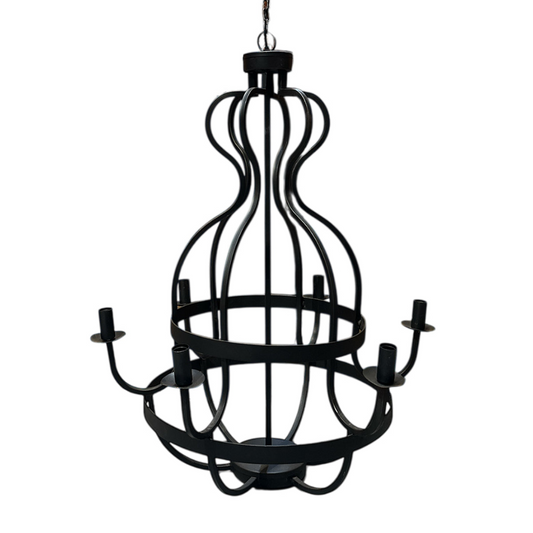 Grote zwarte metalen kroonluchter met 6 armen en een robuust industrieel kooiontwerp van Rimisa.