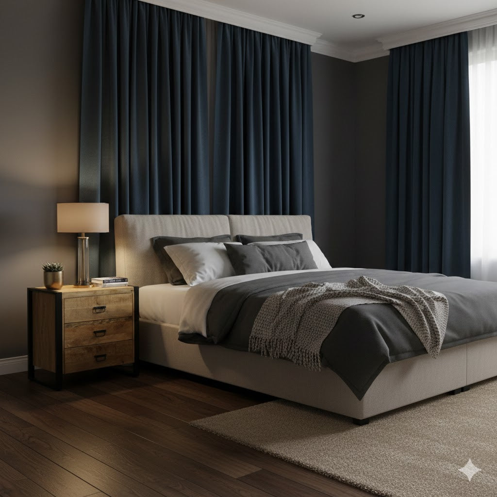 Luxe slaapkamer met de industriële ladekast Britt als nachtkastje naast een opgemaakt bed, voorzien van zware donkerblauwe gordijnen en sfeervolle verlichting.