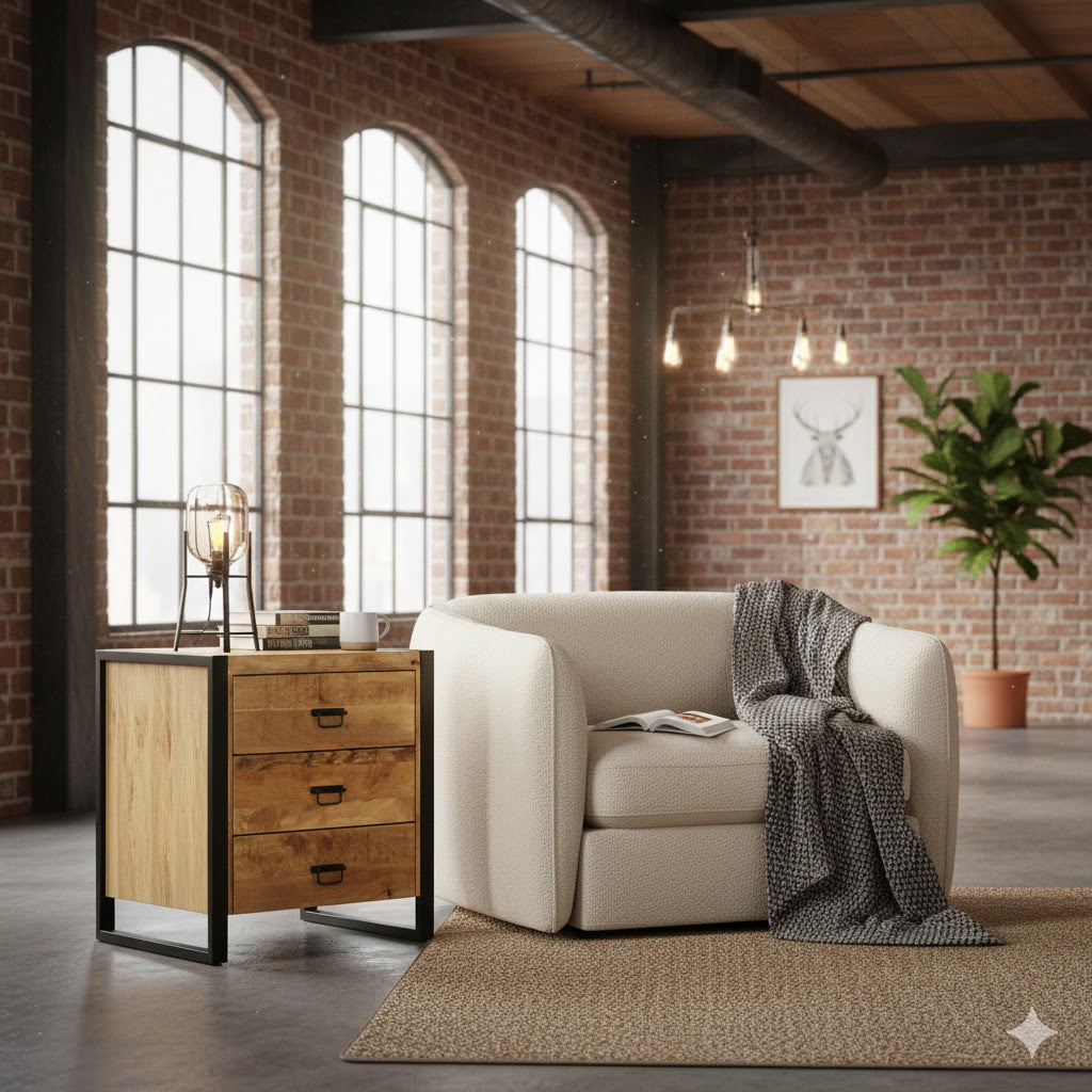 Ladekast Britt van mangohout in een stoere loft leeshoek met een bakstenen muur, grote industriële ramen en een comfortabele beige fauteuil.