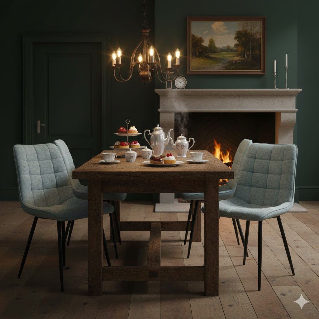 Sfeervolle eethoek in een landhuis met vier lucille perfect harmony lichtblauwe gestoffeerde stoelen aan een robuuste houten tafel, gedekt met koffie, thee en luxe gebakjes bij een brandende open haard.