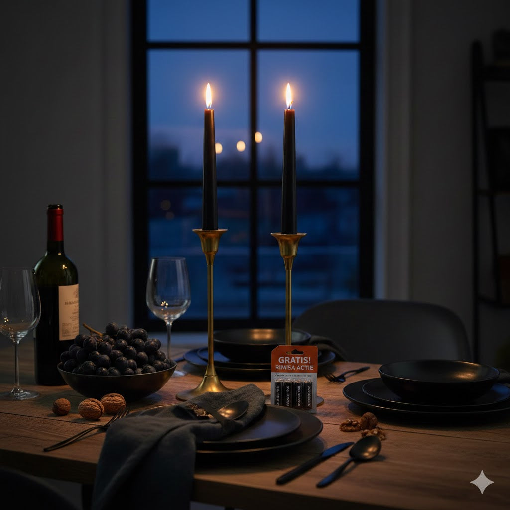 Set van twee zwarte Homebound led dinerkaarsen op een sfeervol gedekte houten eettafel met gouden kandelaren en een gratis pakje batterijen van Rimisa