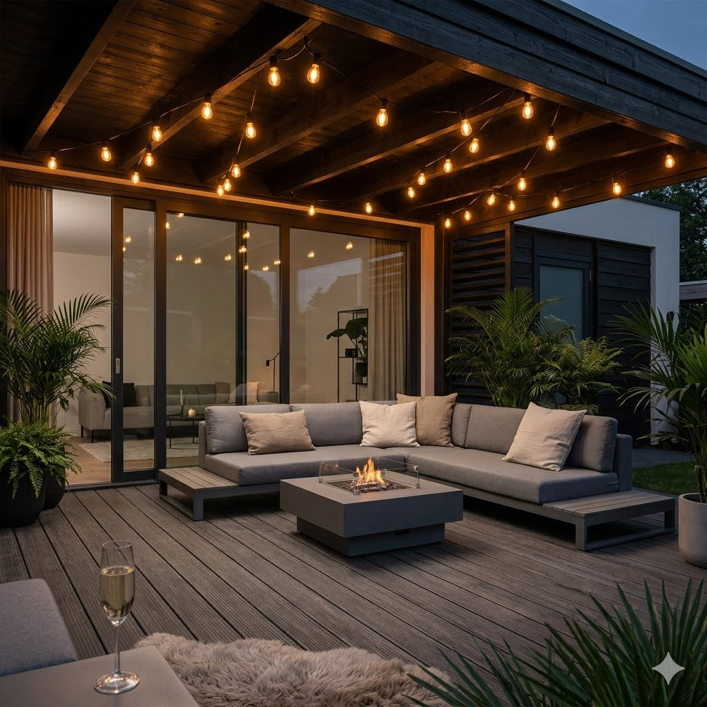 Luxe zwarte prikkabel van 20 meter gemonteerd onder een moderne houten overkapping bij een loungeset in de stijl van rimisa.