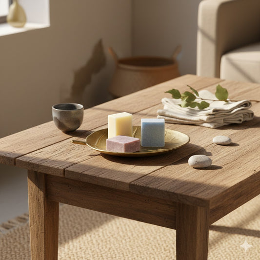 Sfeervolle Wabi-Sabi setting met de Lente Geur Set van 3 amberblokjes op een goudkleurige bladvormige schaal van Rimisa op een rustieke houten tafel.