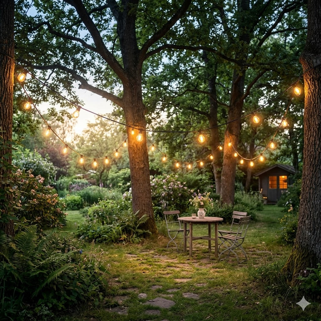 Lange zwarte prikkabel tussen de bomen in een grote tuin die zorgt voor een magische en warme sfeer in je persoonlijke paradijs van rimisa.