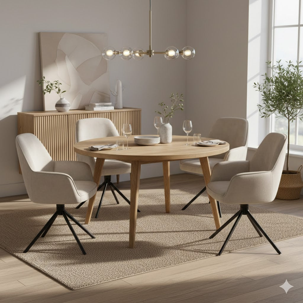 Sfeervolle eetkamer setting met vier Benoa Noah draaibare eetkamerstoelen in Oyster velvet rondom een ronde eikenhouten eettafel, inclusief moderne verlichting en Scandinavisch interieur decoratie van Rimisa.