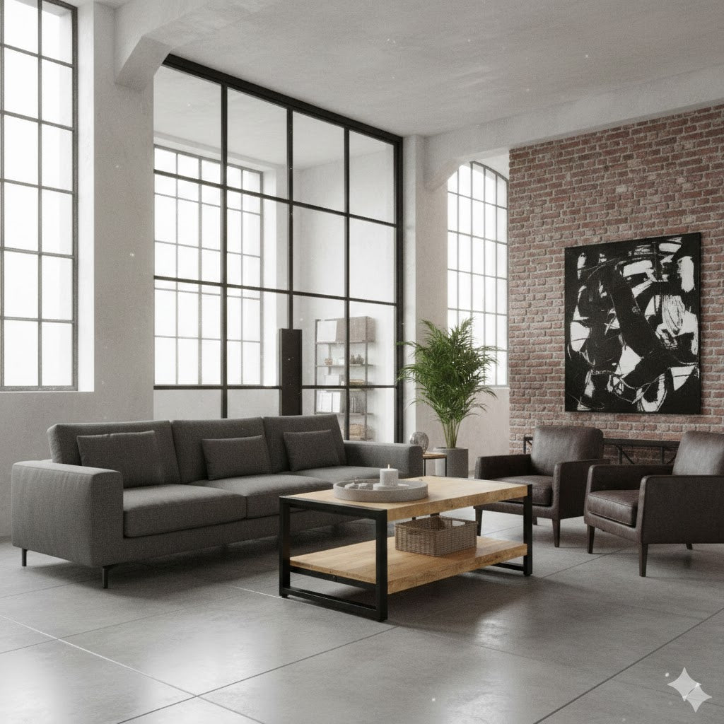 Een industriële Britt salontafel van mangohout met een zwart metalen onderstel in een ruime loft. De woonkamer is ingericht met een strakke grijze bank, leren fauteuils en een opvallende bakstenen muur met abstracte kunst. Op de achtergrond zijn grote zwarte stalen taatsdeuren en hoge ramen zichtbaar die zorgen voor een moderne, open sfeer.