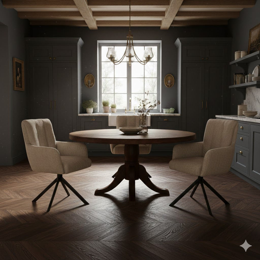 Drie luxe beige toffee Eetkamerstoelen Nobel van het merk Benoa rond een ronde houten tafel in een sfeervolle klassieke woonkeuken met donkere kasten, een visgraat parketvloer en authentiek balkenplafond.