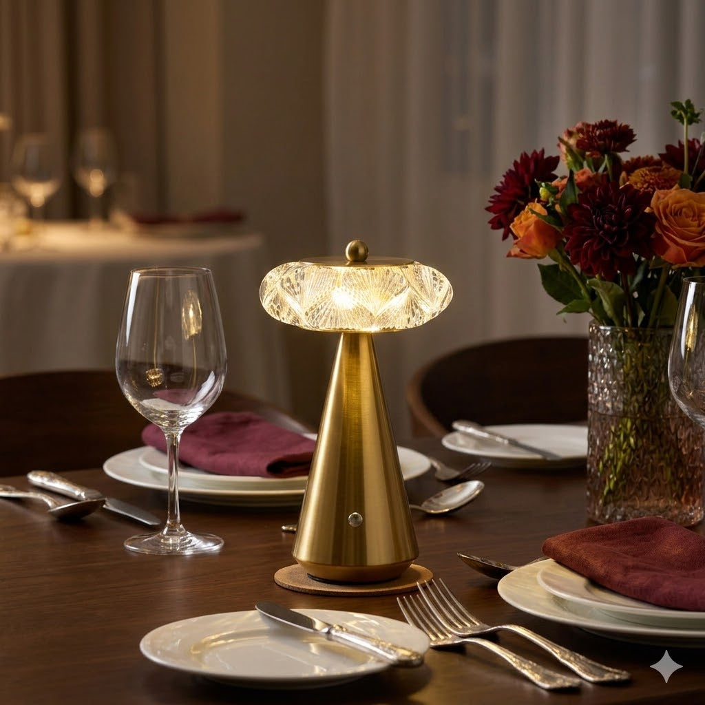 Sfeervolle dining setting met de Diamond Diva LED-tafellamp als centraal stralingspunt op een luxe gedekte tafel bij Rimisa.