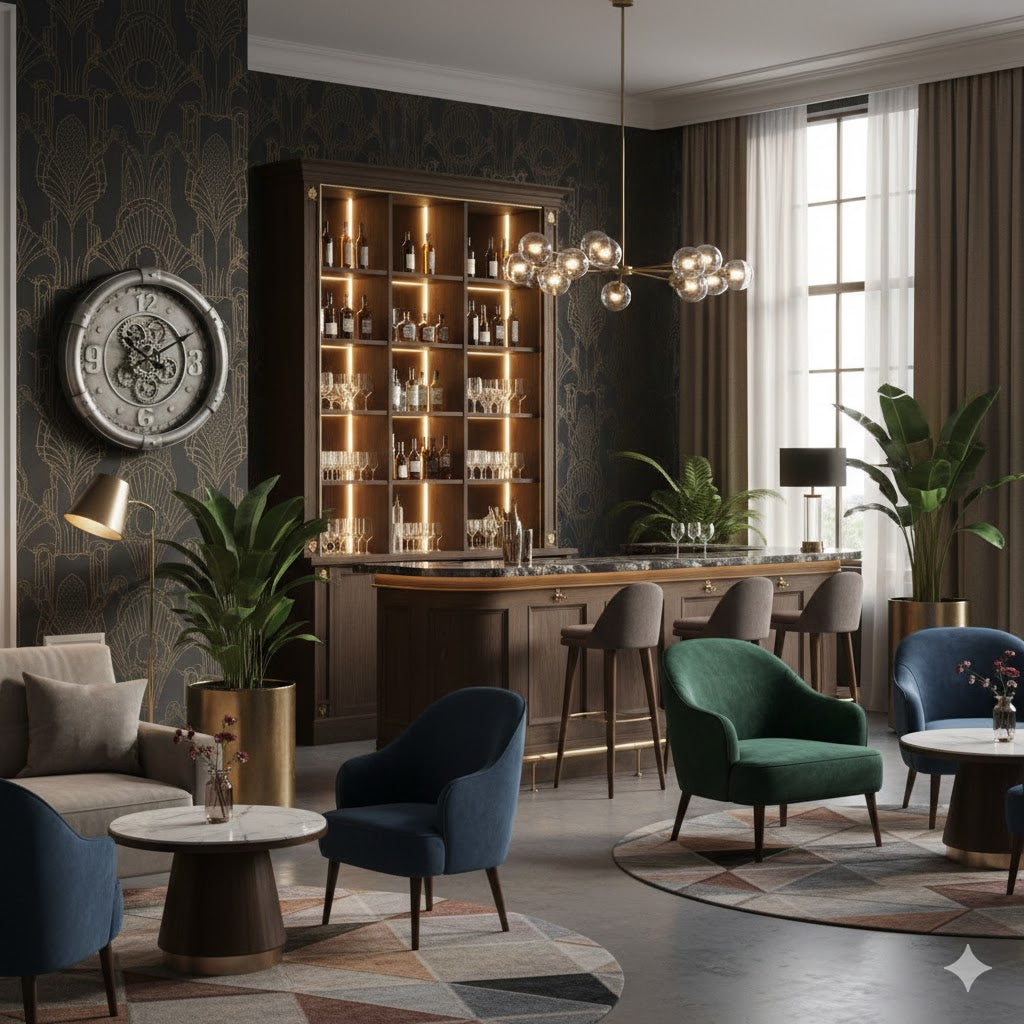 Een sfeervolle hotel lobby bar met luxe fluwelen stoelen en een marmeren tafel, waar de zilveren Darlington radarwandklok van 62cm met draaiende radars als eyecatcher aan de wand hangt, gecreëerd door Rimisa.