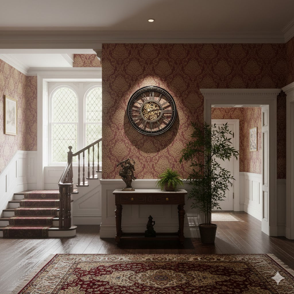 Exclusieve Black Joke klok aan een behangen muur in een luxe hal met klassieke trap en kroonluchter-verlichting