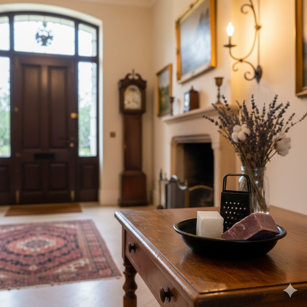 Luxe zwarte schaal met bloemen print en minirasp en amberblokjes op een houten sidetable in de hal van een sfeervol landhuis - Rimisa