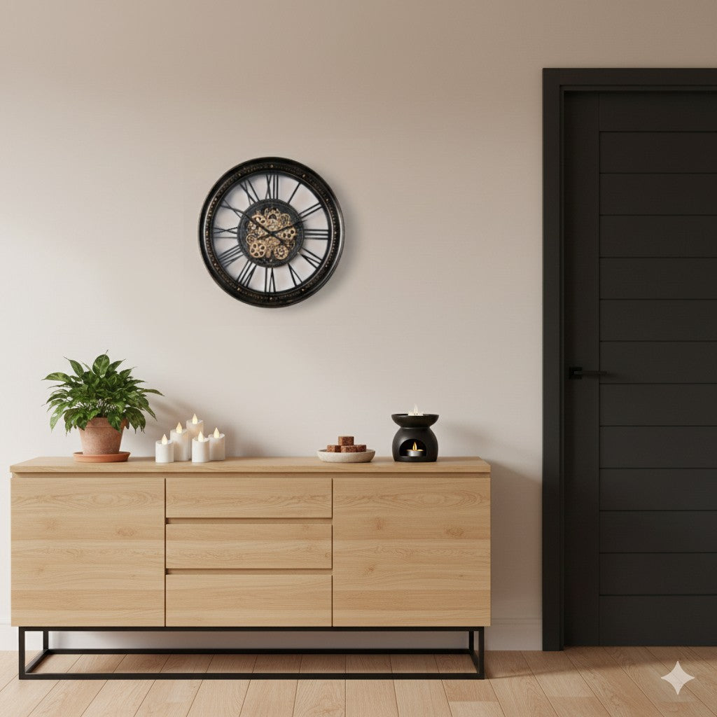 Design radarklok Black Joke boven een licht houten dressoir in een modern, licht interieur.