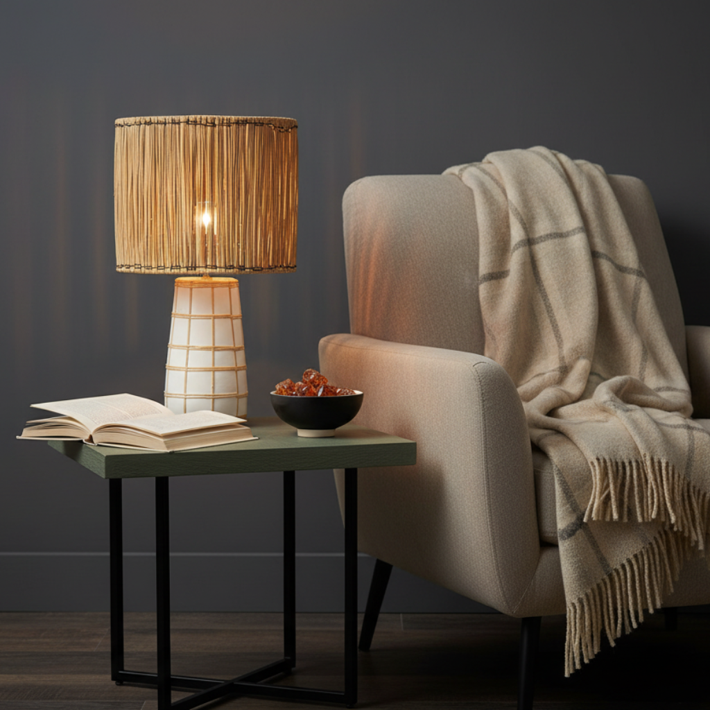 Molokai tafellamp van 51 cm hoog met een wit geblokte terracotta voet en een natuurlijke lampenkap van gedroogd gras op een bijzettafel in een leeshoek