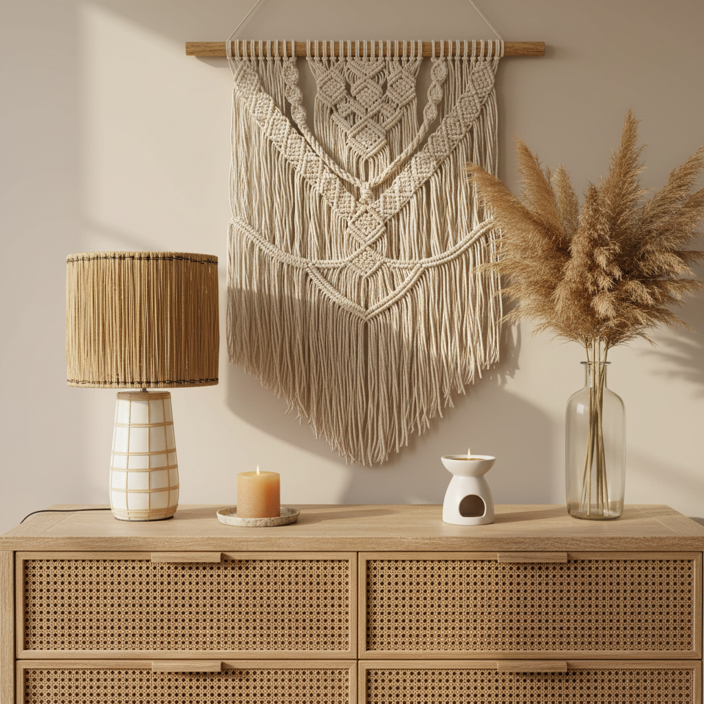 Molokai tafellamp van 51 cm hoog met een wit geblokte terracotta voet en een natuurlijke lampenkap van gedroogd gras.