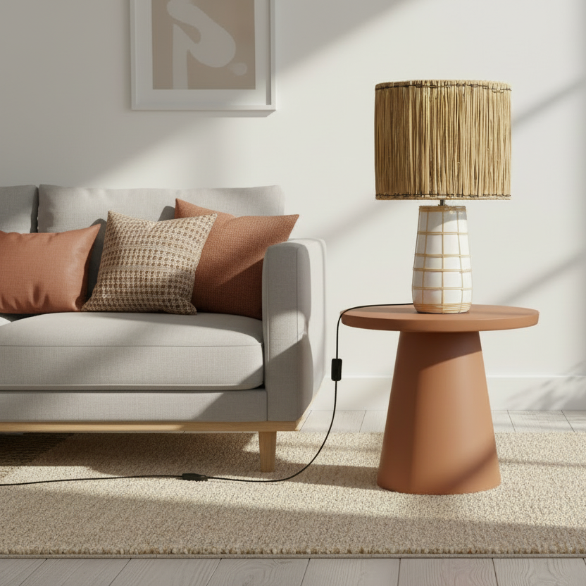 Molokai tafellamp van 51 cm hoog met een wit geblokte terracotta voet en een natuurlijke lampenkap van gedroogd gras op een stoof bijzettafel in terracotta kleur 