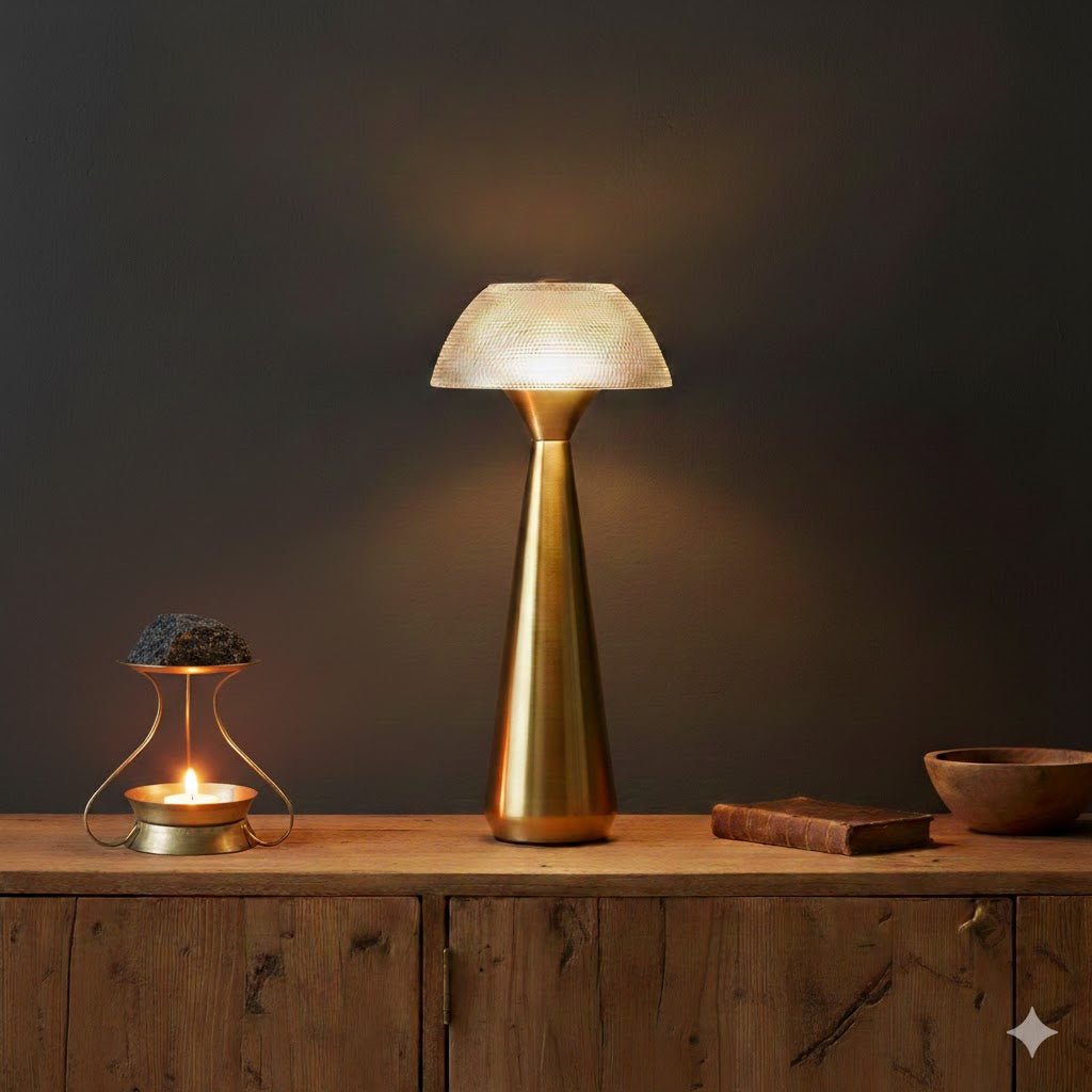 Mushlampio tafellamp in goud met sfeervol licht naast een brandende koperen geurbrander met amberblokje in een Japandi woonkamer - Rimisa