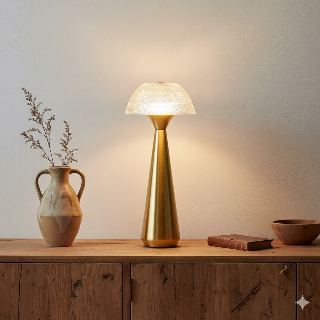 Mushlampio tafellamp in goud met warm wit licht op een rustiek houten Wabi-Sabi dressoir in een sfeervolle woonkamer - Rimisa