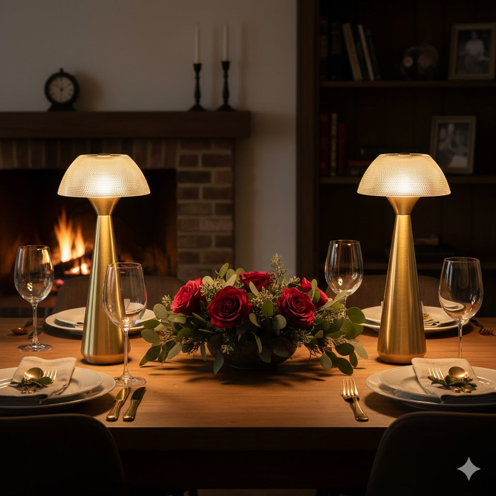 Twee gouden Bazar Bizar Mushlampio tafellampen in de warme lichtstand op een luxe gedekte tafel met rozen van Rimisa