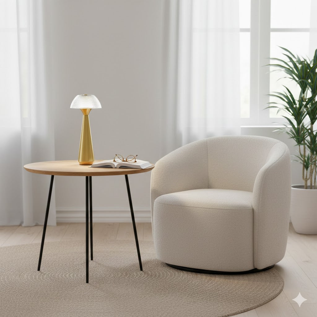 Bazar Bizar Mushlampio gouden tafellamp met helder witte lichtstand op een houten leestafel in een modern licht interieur van Rimisa