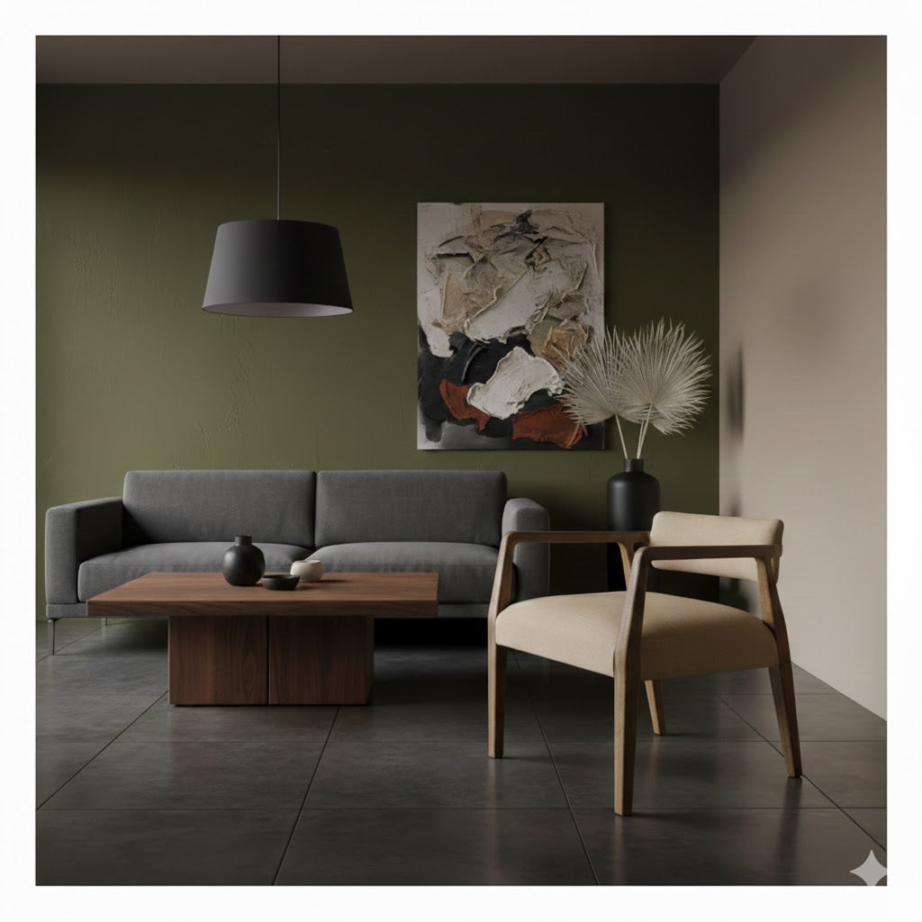 Modern interieur met olijfgroene wand en een Japandi armstoel van mangohout met naturel bekleding - Rimisa