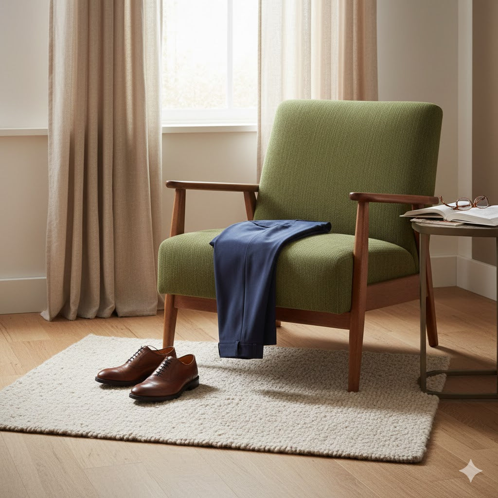 Luxe slaapkamer setting met olijfgroene Mooss retro fauteuil, een blauwe Hugo Boss pantalon en bruine Van Bommel schoenen van rimisa