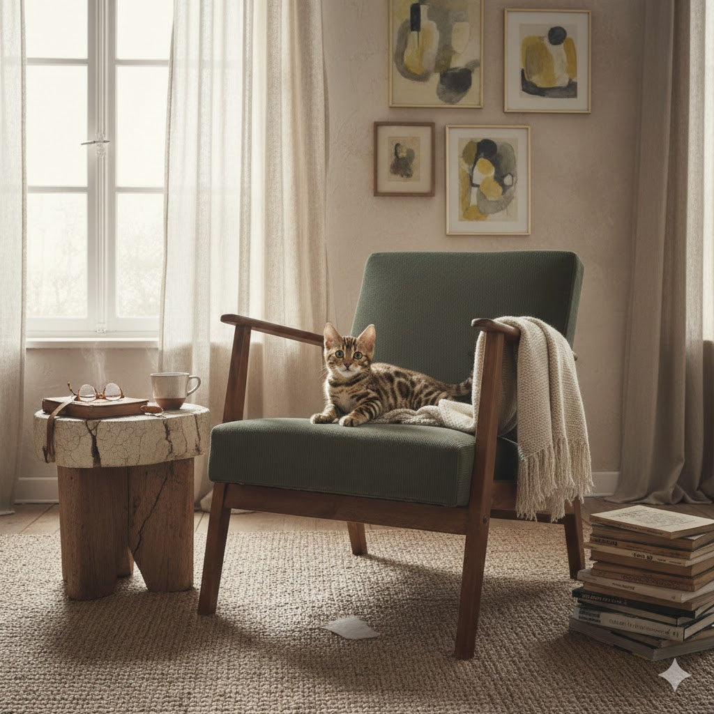 Gezellige leeshoek met olijfgroene retro fauteuil van Mooss, een wabi-sabi bijzettafel en een spelende Bengaalse kitten in een warm Rimisa interieur
