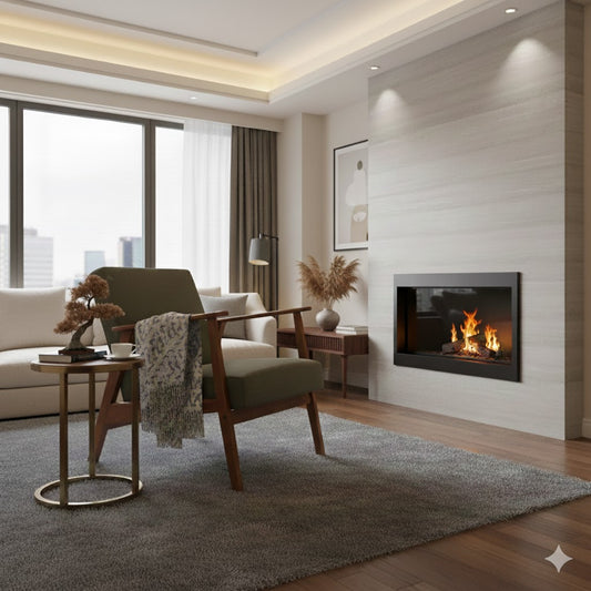 Stijlvolle olijfgroene retro fauteuil van Mooss in een luxe woonkamer met brandende haard en warme sfeer van rimisa