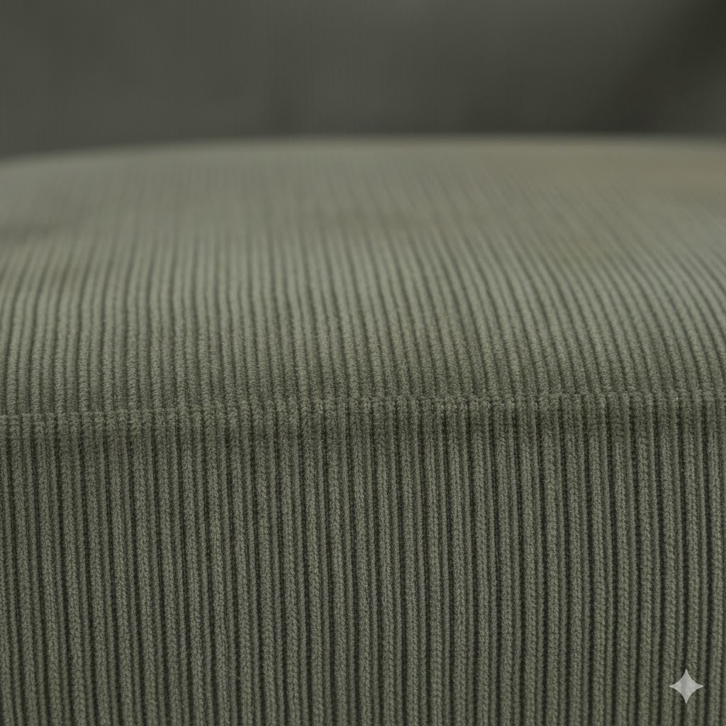 Close-up van de zachte olijfgroene ribstof bekleding van de Mooss retro fauteuil met verfijnde textuur van rimisa