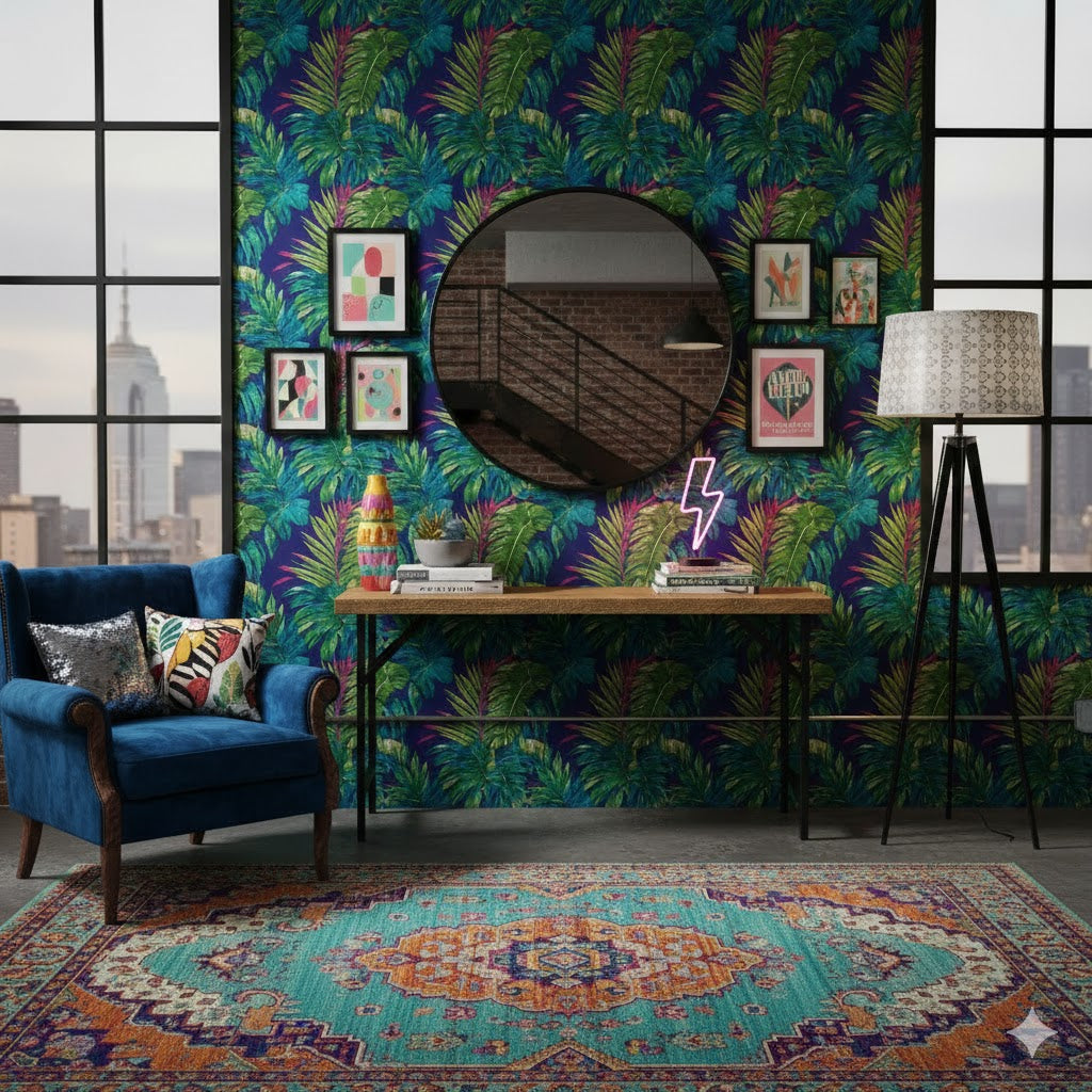 Gewaagd eclectisch interieur met botanisch behang en een fluwelen stoel waarin de opklapbare wandtafel van mangohout by Mooss fungeert als stijlvol en functioneel pronkstuk rimisa