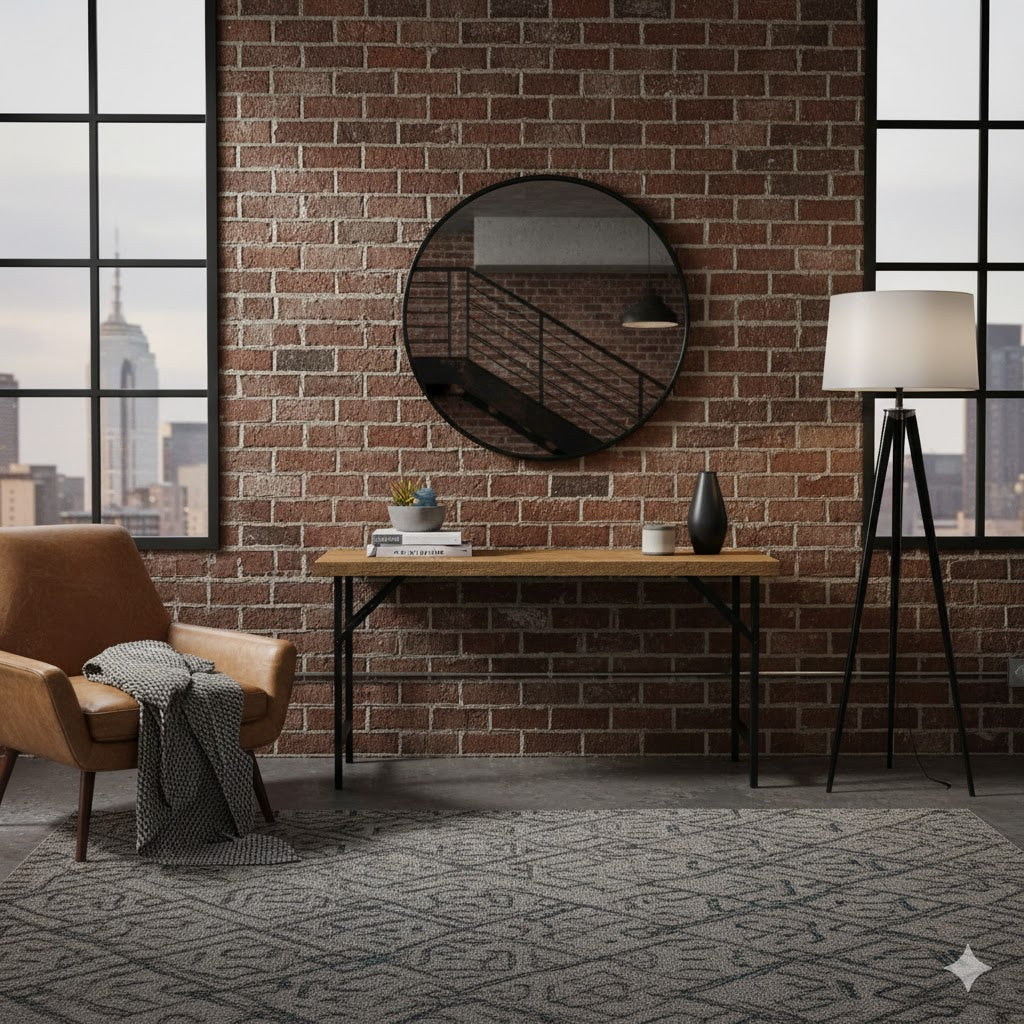 Industriële woonkamer met een opklapbare wandtafel van mangohout by Mooss voor een stoere bakstenen muur gecombineerd met een leren fauteuil en zwarte metalen accenten rimisa