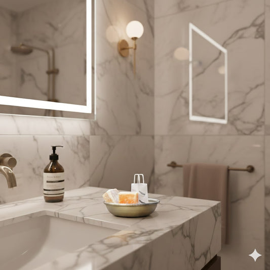 Goudkleurig metalen schaaltje met amberblokjes en een mini rasp op een marmeren wastafel in een luxe badkamer, Rimisa.