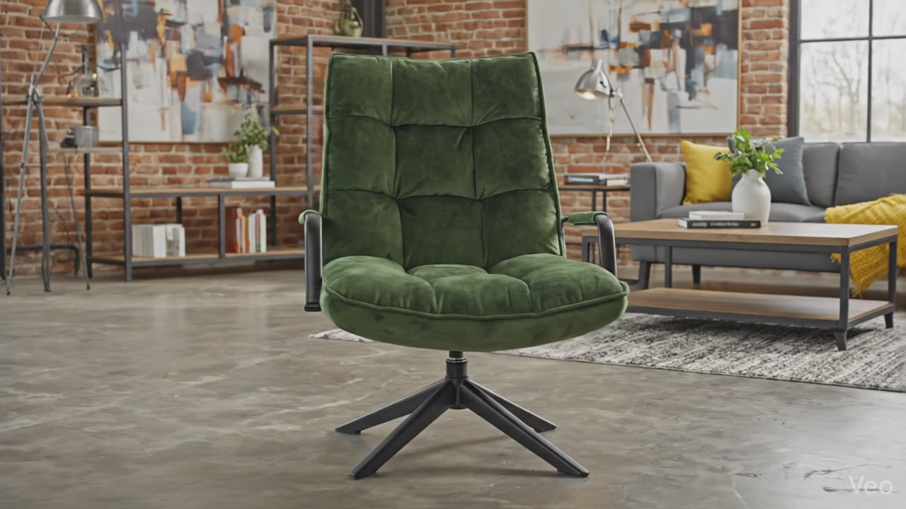 Sfeervolle productvideo van de groene velours draaifauteuil Hidde die 360 graden ronddraait in een modern-industrieel interieur Rimisa