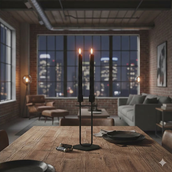 Video van elegante zwarte dinerkaarsen met zacht flakkerende vlammen die direct een warme en magische sfeer creëren op een robuuste houten tafel, perfect voor een stijlvol diner - Rimisa"