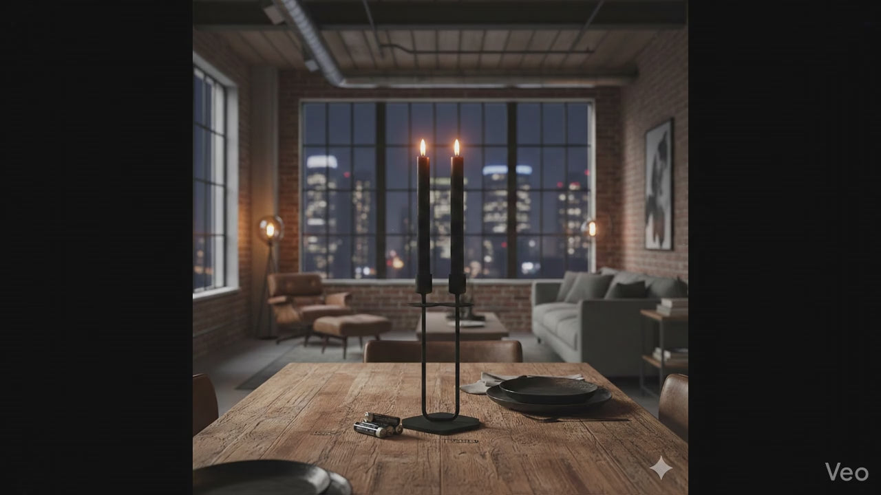 Video van elegante zwarte dinerkaarsen met zacht flakkerende vlammen die direct een warme en magische sfeer creëren op een robuuste houten tafel, perfect voor een stijlvol diner - Rimisa"