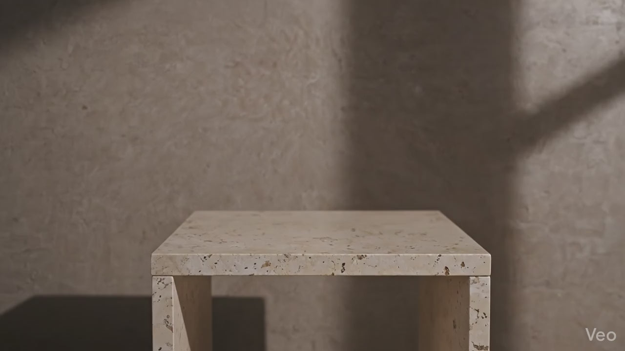 Luxe gouden oplaadbare tafellamp met een glazen kap en warm 2700K licht op een travertijn bijzettafel in een hotel-chique setting, Rimisa.