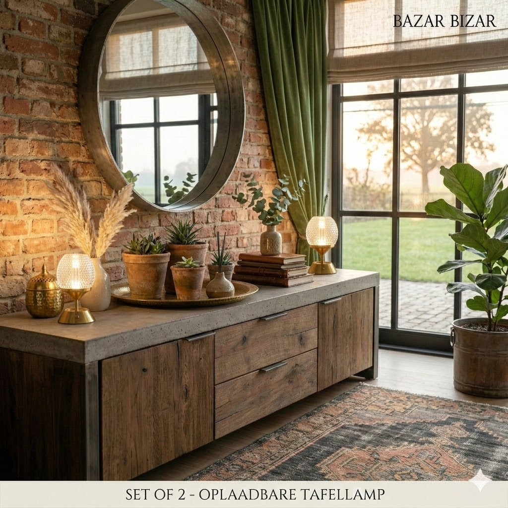 Set van 2 oplaadbare tafellampen Sinatra met kristalglas en gouden voet in een landelijk industrieel interieur - Rimisa"