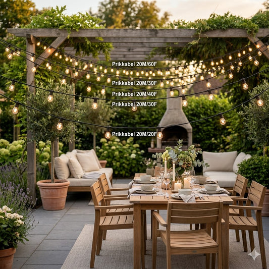 Visuele vergelijking van de Rimisa prikkabel 20 meter in 4 varianten van 20 tot 60 fittingen, sfeervol gepresenteerd boven een gedekte tuintafel in een luxe tuinsetting