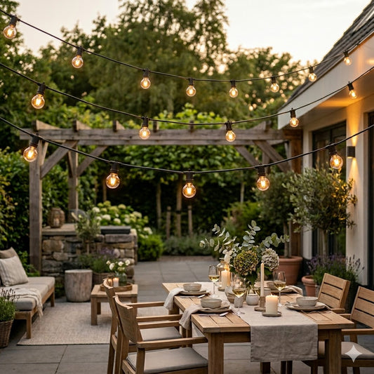 Sfeervolle weergave van de verschillende varianten prikkabel 25 meter in een luxe tuinsetting met houten meubels en warm licht, exclusief bij Rimisa