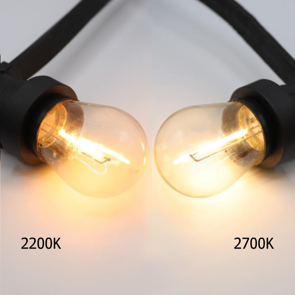 Foto met een prikkabel ledlamp van 2200K en 2700K welke goed het verschil in kleurtemperatuur laat zien