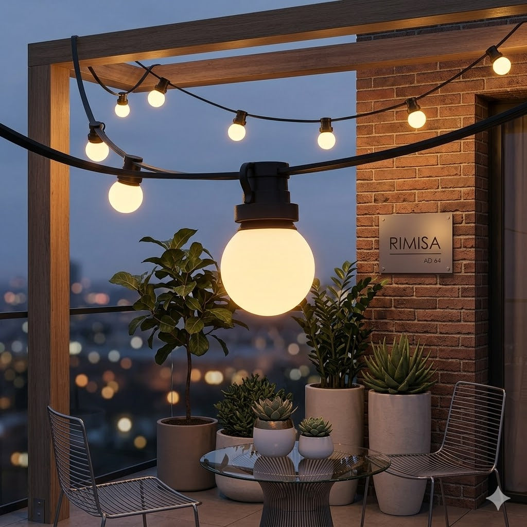 Gedetailleerde foto van een Rimisa kogel prikkabel met 2650K compacte ledlampen, die een warm witte gloed verspreid over een modern dakterras bij avondlicht.
