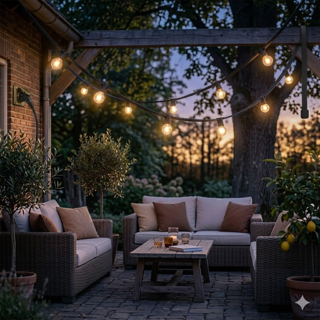 Sfeervolle zwarte prikkabel met warmwitte LED-lampjes om de 40cm, hangend boven een luxe zithoek in een tuin tijdens het gouden uurtje van Rimisa.