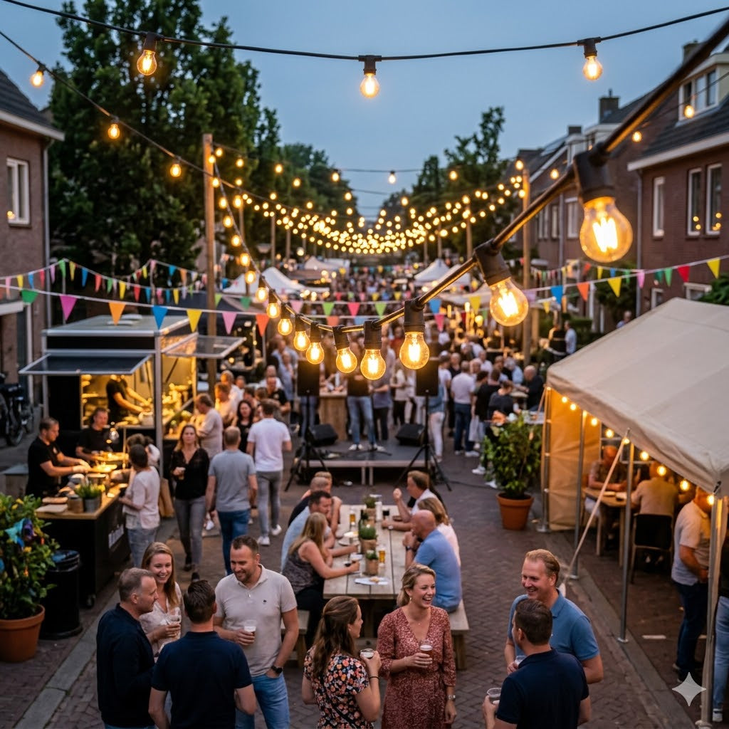 Sfeervolle luchtfoto van een drukke braderie en buurtfeest bij avondschemering, waar een professional zwarte prikkabel van 50 meter van Rimisa met warm-witte LED-lampen een dicht, sfeervol lichtdak vormt boven de bezoekers en kramen van Rimisa.