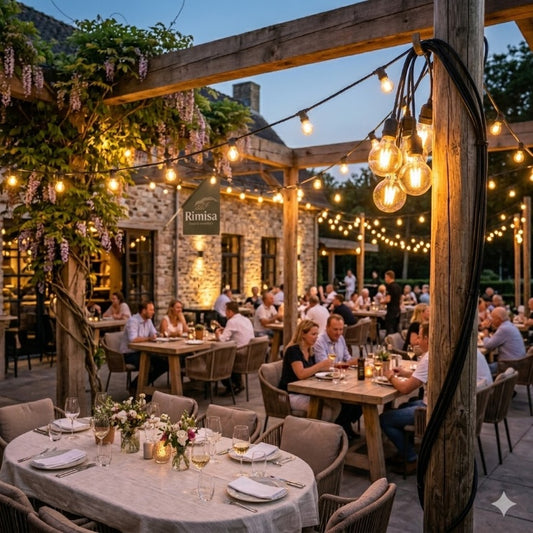 Sfeervol buitenteras van een eethuis bij avondschemering, prachtig verlicht door een 50 meter lange professionele zwarte prikkabel van Rimisa met warm-witte LED-filament lampen die een luxe en gastvrije ambiance creëren, Rimisa.