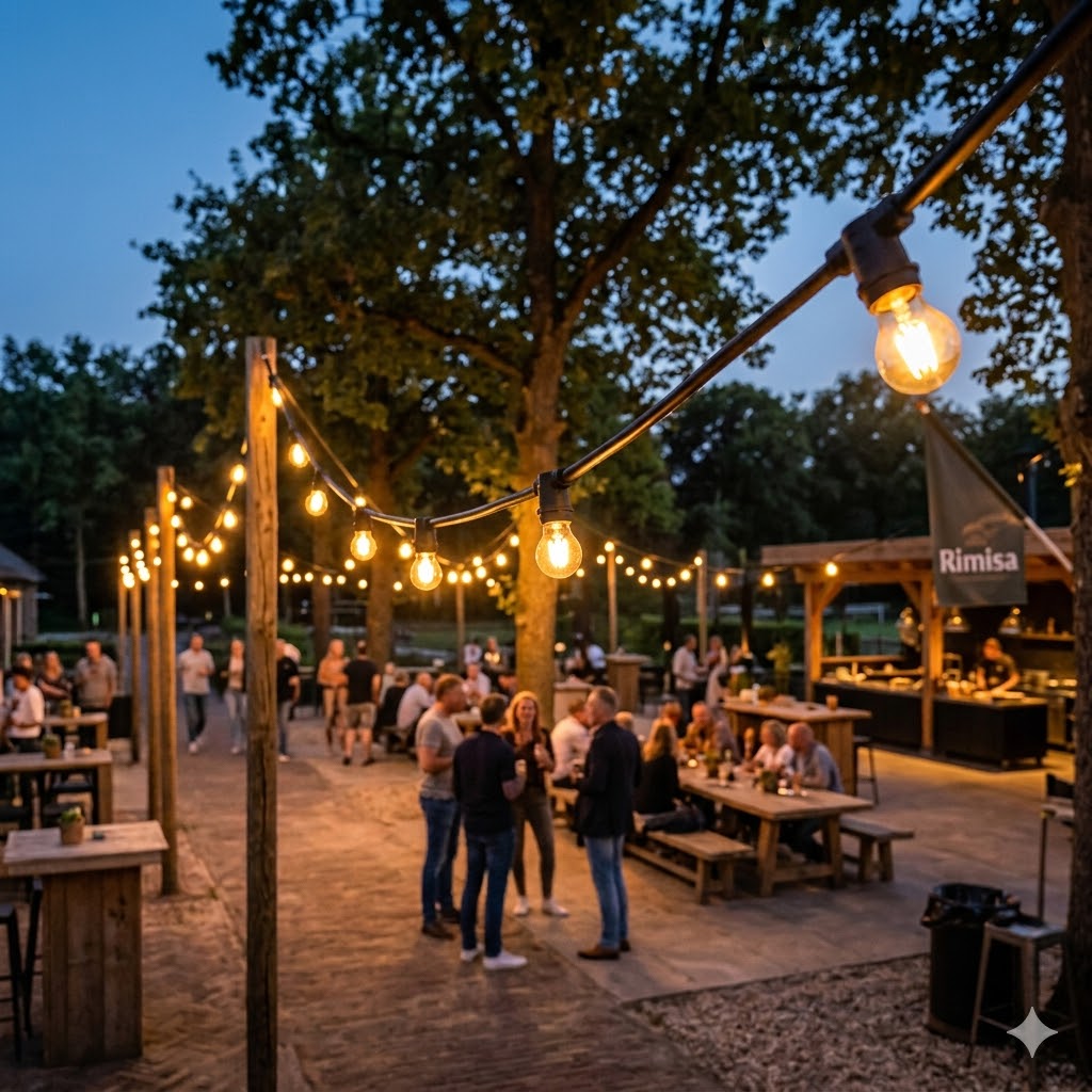 Sfeervolle professionele zwarte prikkabel van 50 meter met warm-witte LED-lampen, sfeervol gedrapeerd boven een druk bezocht horeca-terras tijdens een evenement in de avondschemering van Rimisa.