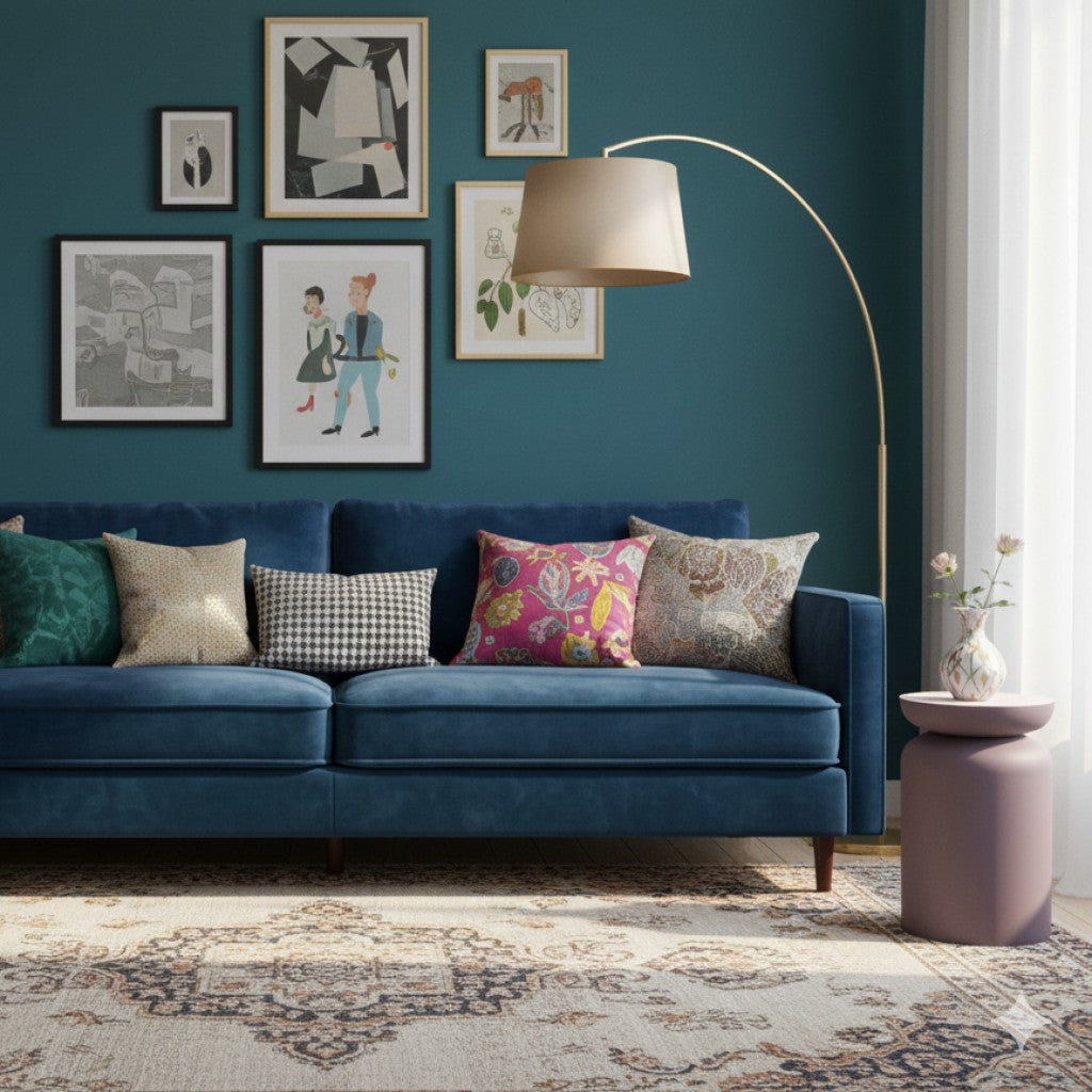 Purple  bijzettafel van By Moos met een plant naast een blauwe stoffen bank in een electisch interieur.