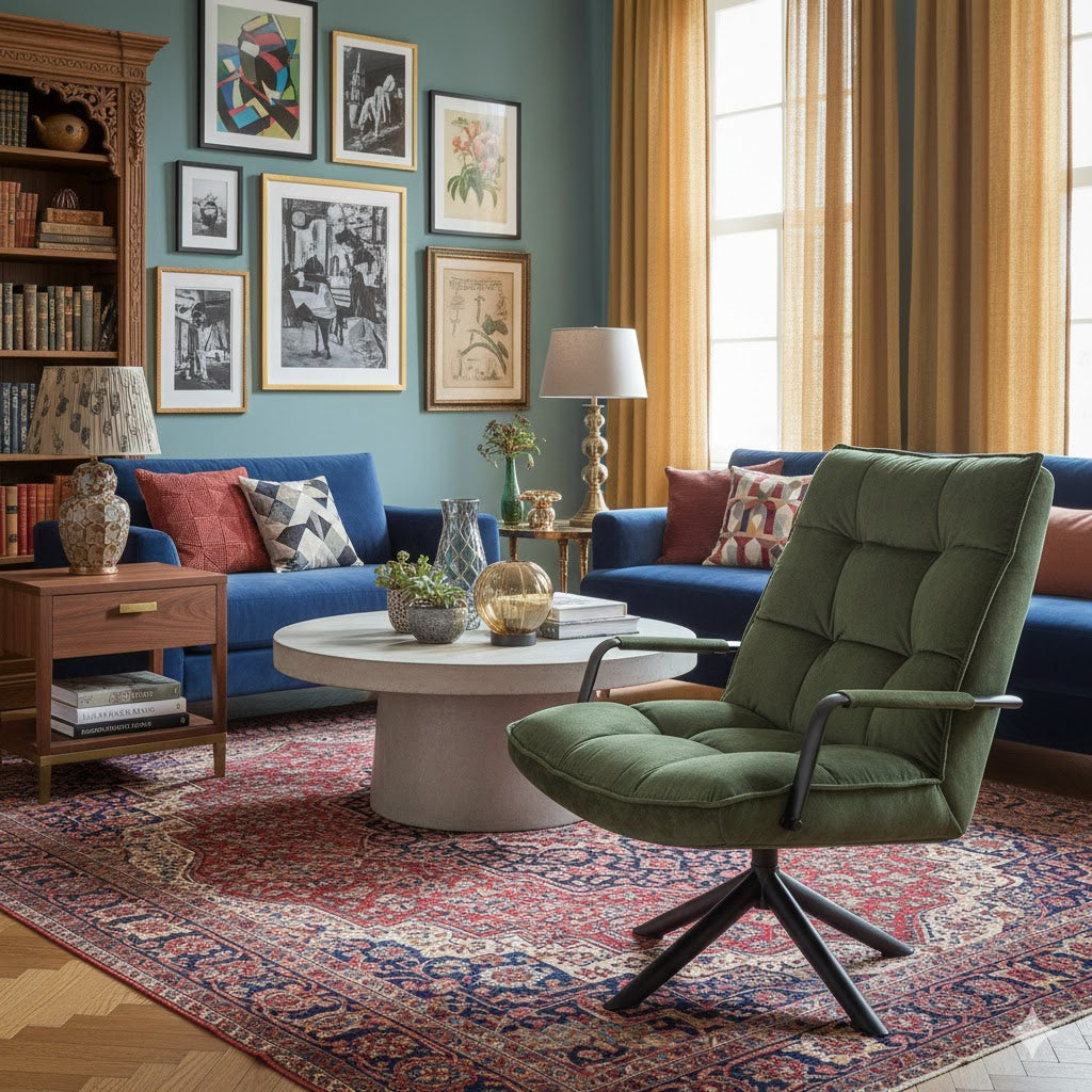 Groene velours draaifauteuil Hidde van Homebound met armleuningen in een eclectisch interieur met kleurrijke kunst en een oosters tapijt Rimisa