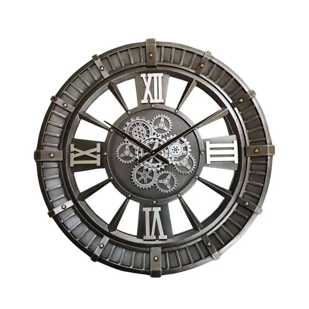 Grote industriële radar wandklok van metaal met open uurwerk en draaiende tandwielen, 92 cm