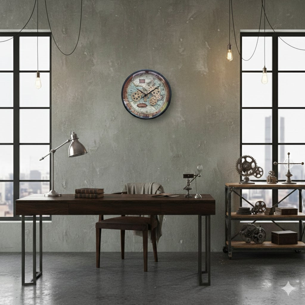 Radarklok Boaz 46cm met zichtbare tandwielen in een industriële werkkamer aan een grijs-groene betonlook muur - Rimisa